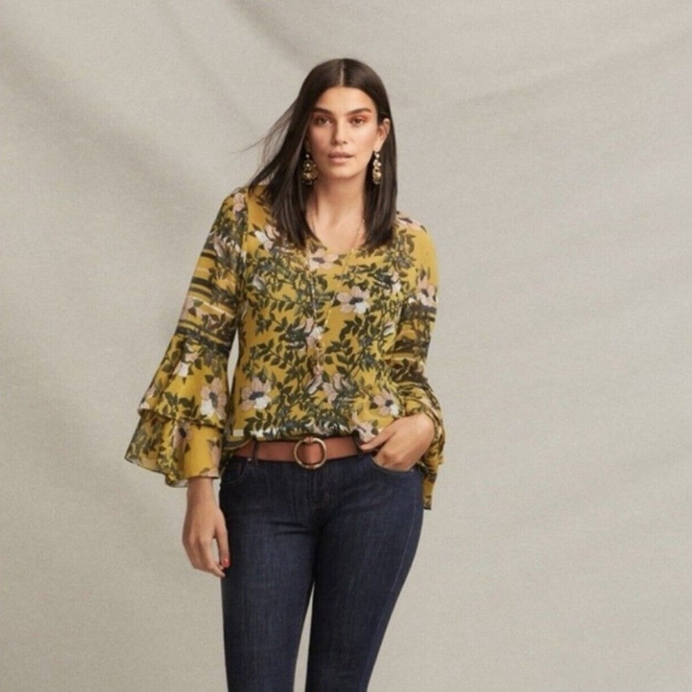 CAbi Mustard Yellow Floral Blouse with Pink Blooms